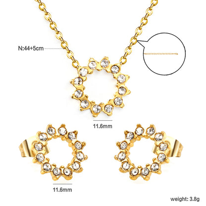 11.6mm Lace Circle with White Zirconium Stud Earrings + Necklace Cross Chain 0.3*44+5cm+6mm Round End Plate Set Steel/Golden asonjewelry