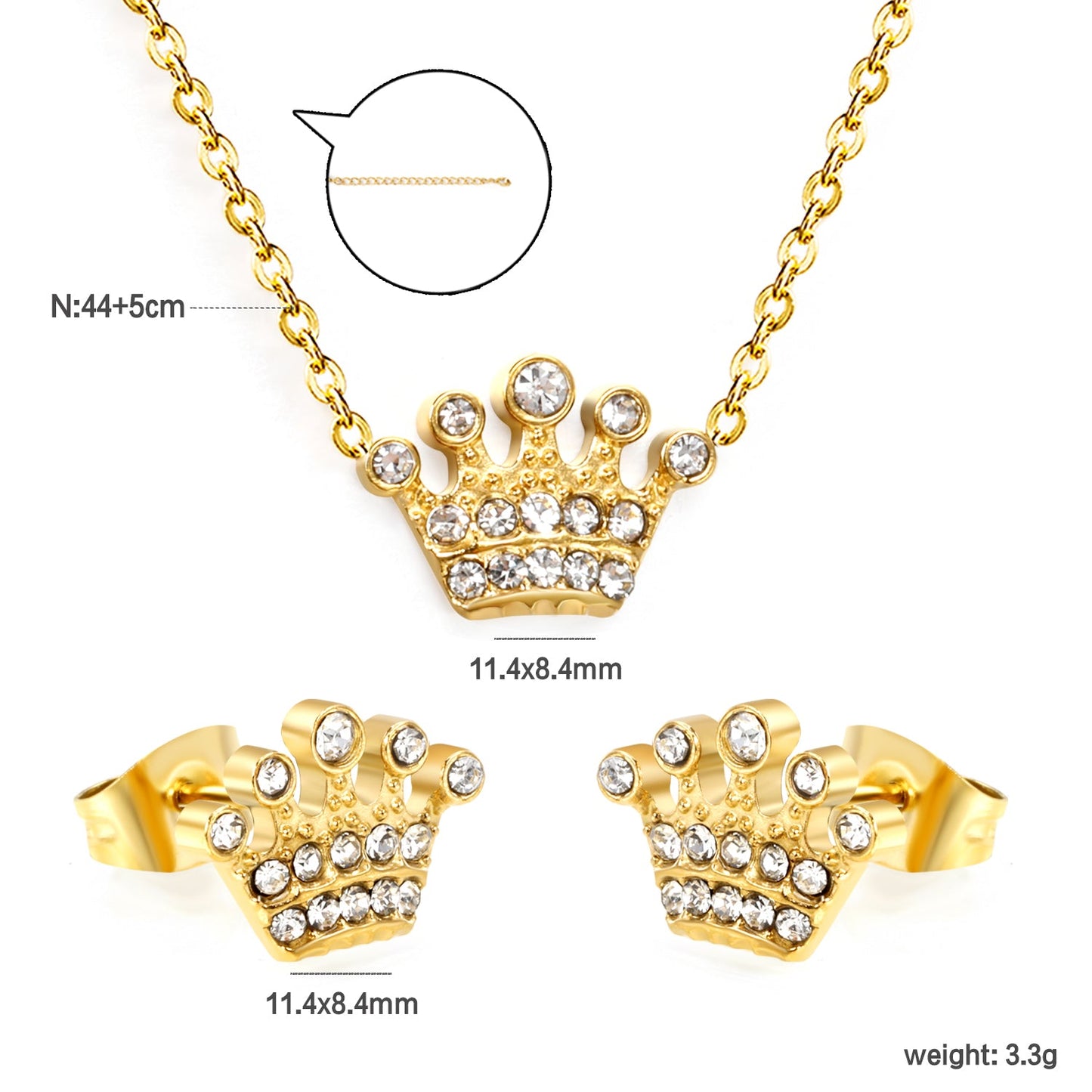 11.4*8.4mm Crown with White Zirconium Stud Earrings + Necklace Cross Chain 0.3*44+5cm+6mm Round End Plate Set Steel/Golden color asonjewelry