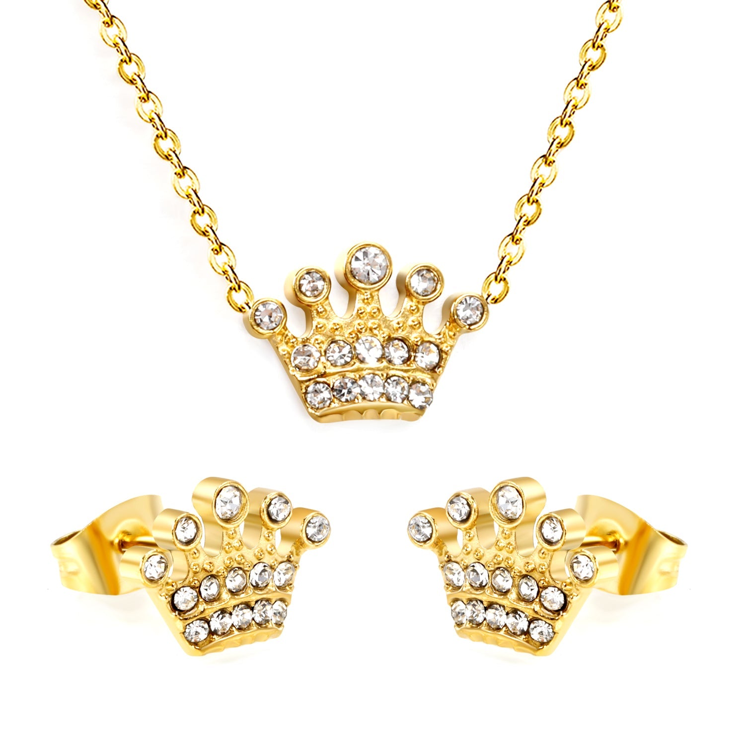 11.4*8.4mm Crown with White Zirconium Stud Earrings + Necklace Cross Chain 0.3*44+5cm+6mm Round End Plate Set Steel/Golden color asonjewelry