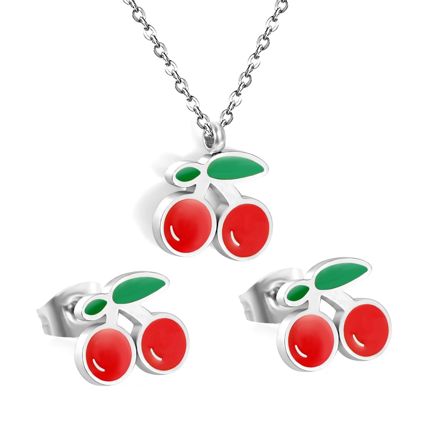 Cherry with red oil drops set Steel color/golden 0.3 cross 40+5cm+6mm round plaque earrings: 10.3*9mm pendant: 12.2*11mm asonjewelry