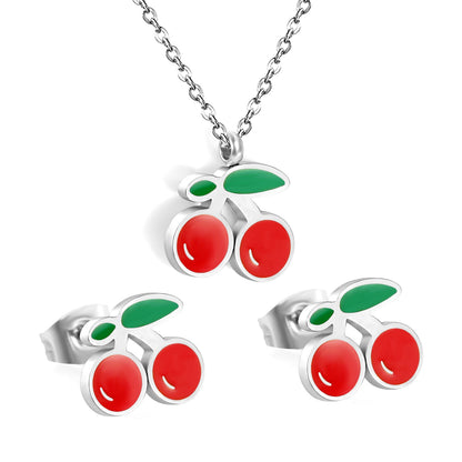 Cherry with red oil drops set Steel color/golden 0.3 cross 40+5cm+6mm round plaque earrings: 10.3*9mm pendant: 12.2*11mm asonjewelry