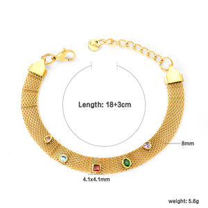 Mesh chain with five mixed-color diamonds, approximately 4.1 x 4.1 mm, thickness 1 mm x width 8 mm, mesh chain 18 cm + 3 cm + 6 mm round pendant tag. Bracelet, gold.