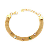 Mesh chain with five mixed-color diamonds, approximately 4.1 x 4.1 mm, thickness 1 mm x width 8 mm, mesh chain 18 cm + 3 cm + 6 mm round pendant tag. Bracelet, gold.