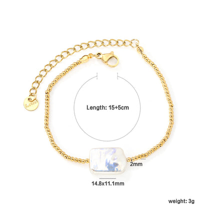 14.8 x 11.1 mm rectangular imitation white pearl, 2 mm steel ball chain 15 x 5 x 6 mm, bracelet, gold. asonjewelry