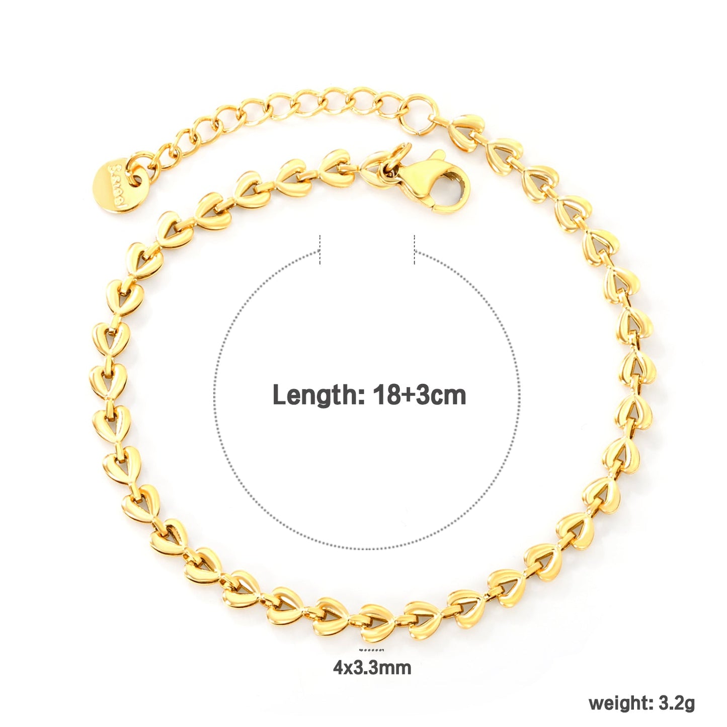 4*3.3mm Small Heart Chain 18+3cm+6mm Round Tail Plaque Bracelet Steel/Golden asonjewelry