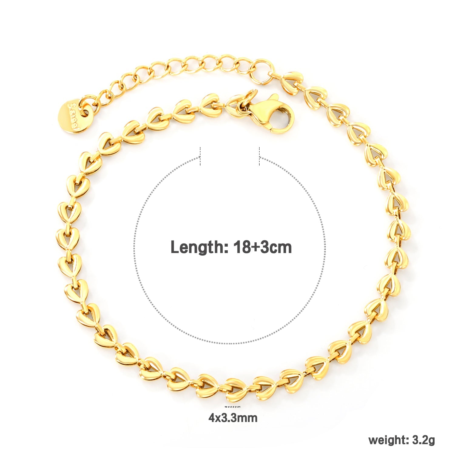 4*3.3mm Small Heart Chain 18+3cm+6mm Round Tail Plaque Bracelet Steel/Golden asonjewelry
