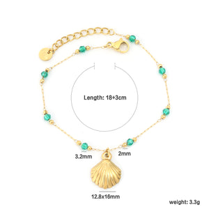 12.8 x 16mm shell pendant, green beads 3.2mm + gold beads 2mm + 0.3mm extended chain 18cm + 3cm + 6mm round tag, bracelet, gold color