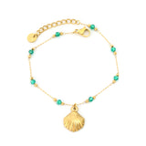 12.8 x 16mm shell pendant, green beads 3.2mm + gold beads 2mm + 0.3mm extended chain 18cm + 3cm + 6mm round tag, bracelet, gold color