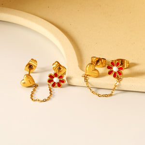 8mm Safflower+6.4*7mm Heart+03 Cross Chain 30mm Accessories Earrings Gold color