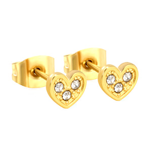 5.8 x 5.3 mm heart-shaped stud earrings with white rhinestones, steel/gold color