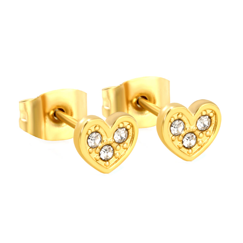 5.8 x 5.3 mm heart-shaped stud earrings with white rhinestones, steel/gold color