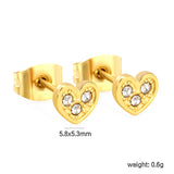 5.8 x 5.3 mm heart-shaped stud earrings with white rhinestones, steel/gold color