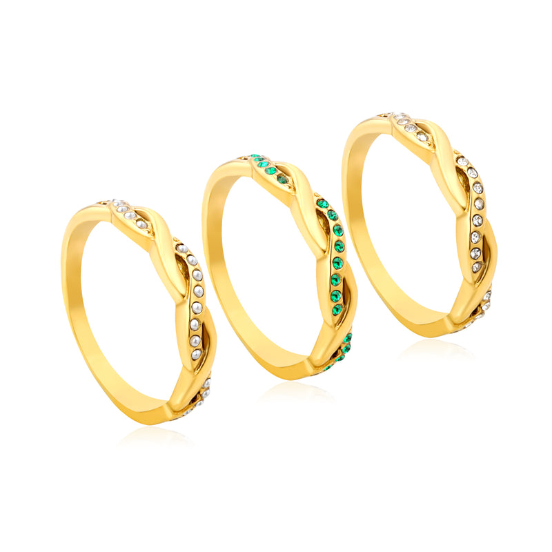 Gold - Plated Curved Band Rings with Diamond, Emerald & Pearl Accents