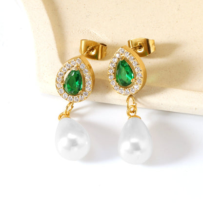 8.6*10.8mm teardrop shaped emerald green glass + CNC set white zirconium ring + 8.5*12mm teardrop shaped white imitation pearl fittings Earrings gold color asonjewelry