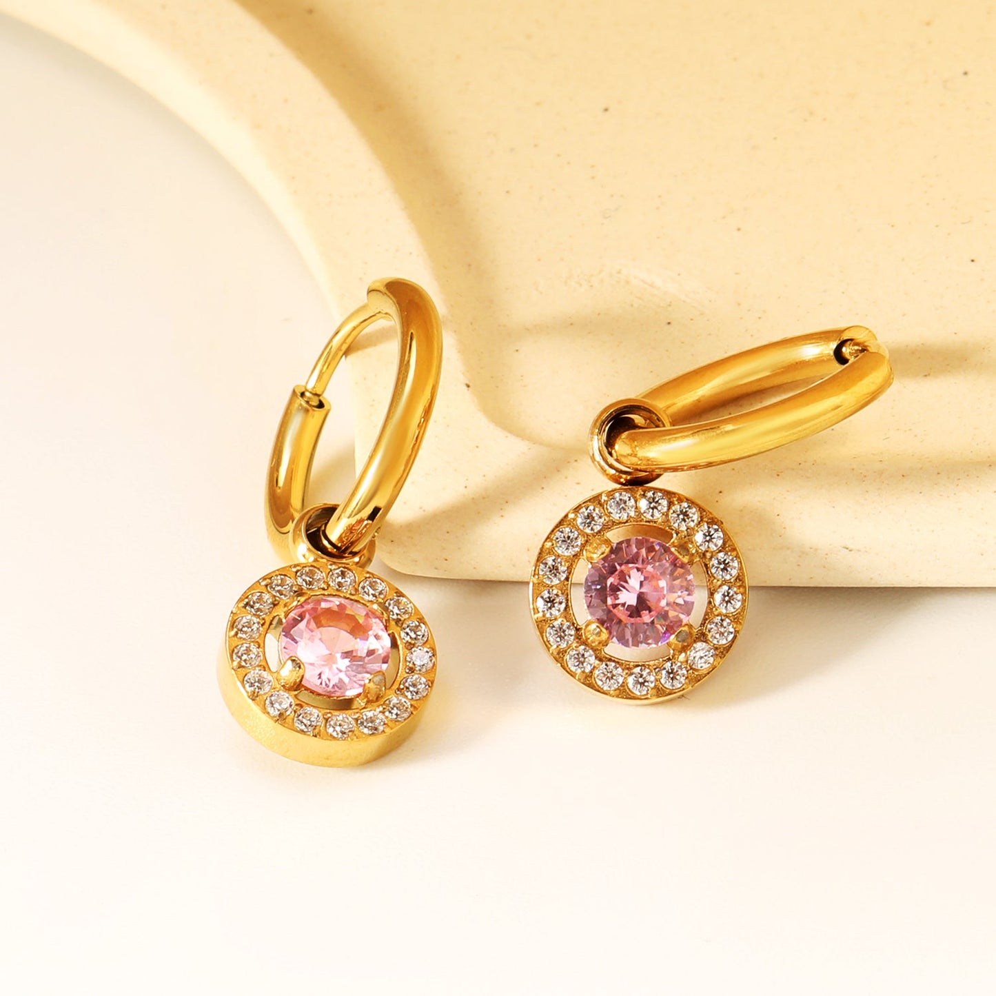 Wire 2*14mm O.D. earrings + 9.7mm round pink zirconia/emerald green glass + CNC drilling white zirconium hoop fittings Gold color asonjewelry