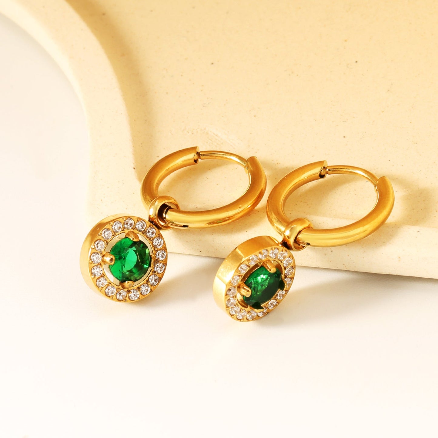 Wire 2*14mm O.D. earrings + 9.7mm round pink zirconia/emerald green glass + CNC drilling white zirconium hoop fittings Gold color asonjewelry