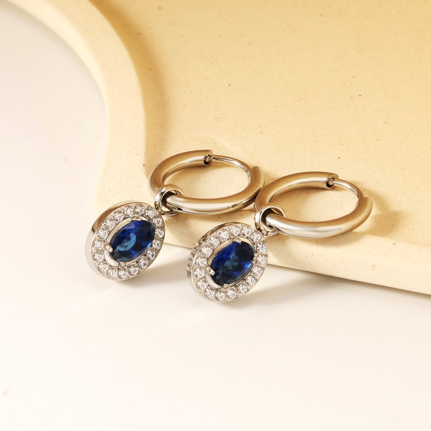 Wire 2*14mm O.D. earrings + 8.4*10.2mm oval blue glass + CNC drilling white zirconium hoop fittings earrings steel color asonjewelry