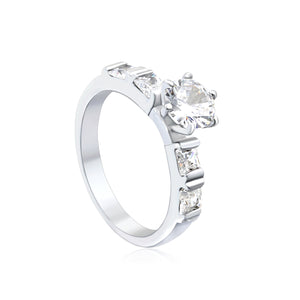 Stainless Steel Ring with Round Diamond & Trapezoid Side Accents