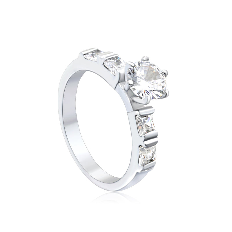Stainless Steel Ring with Round Diamond & Trapezoid Side Accents