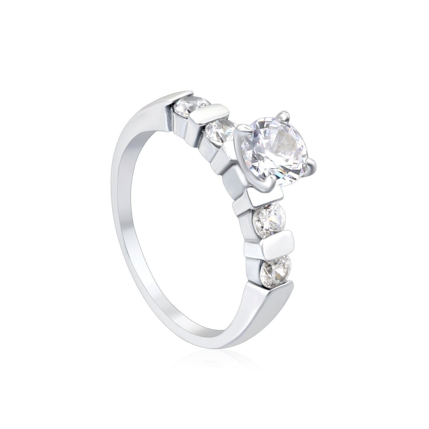 Stainless Steel Ring with Round Diamond & Teardrop Side Stones asonjewelry