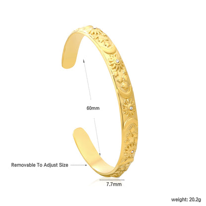 7.7mm wide, 60mm inner diameter star, moon, and sun bracelet with diamonds Steel color/gold color asonjewelry