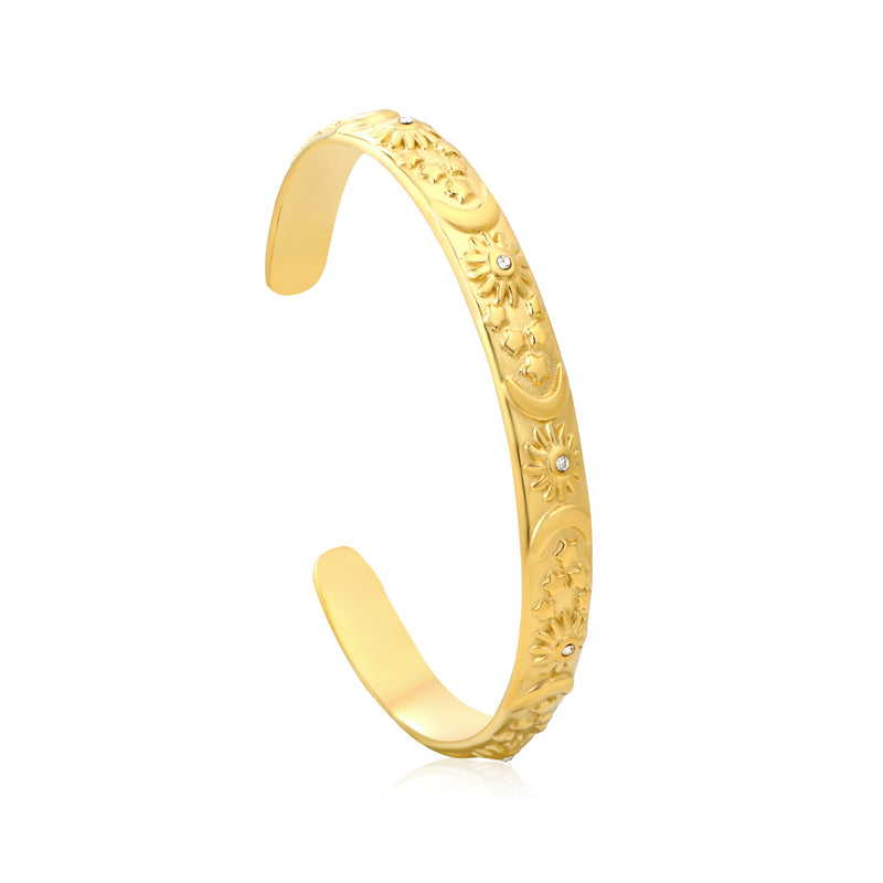 7.7mm wide, 60mm inner diameter star, moon, and sun bracelet with diamonds Steel color/gold color