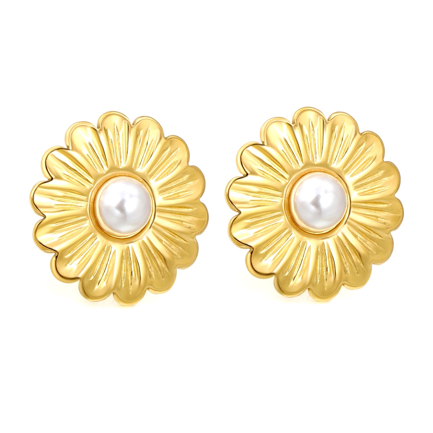 25.2mm Daisy with 7.5mm half white glue bead stud earrings gold color asonjewelry