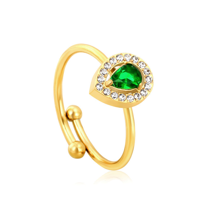 18K Gold - Plated Ring with Emerald - Cut Green Stone and Diamond - Accented Halo