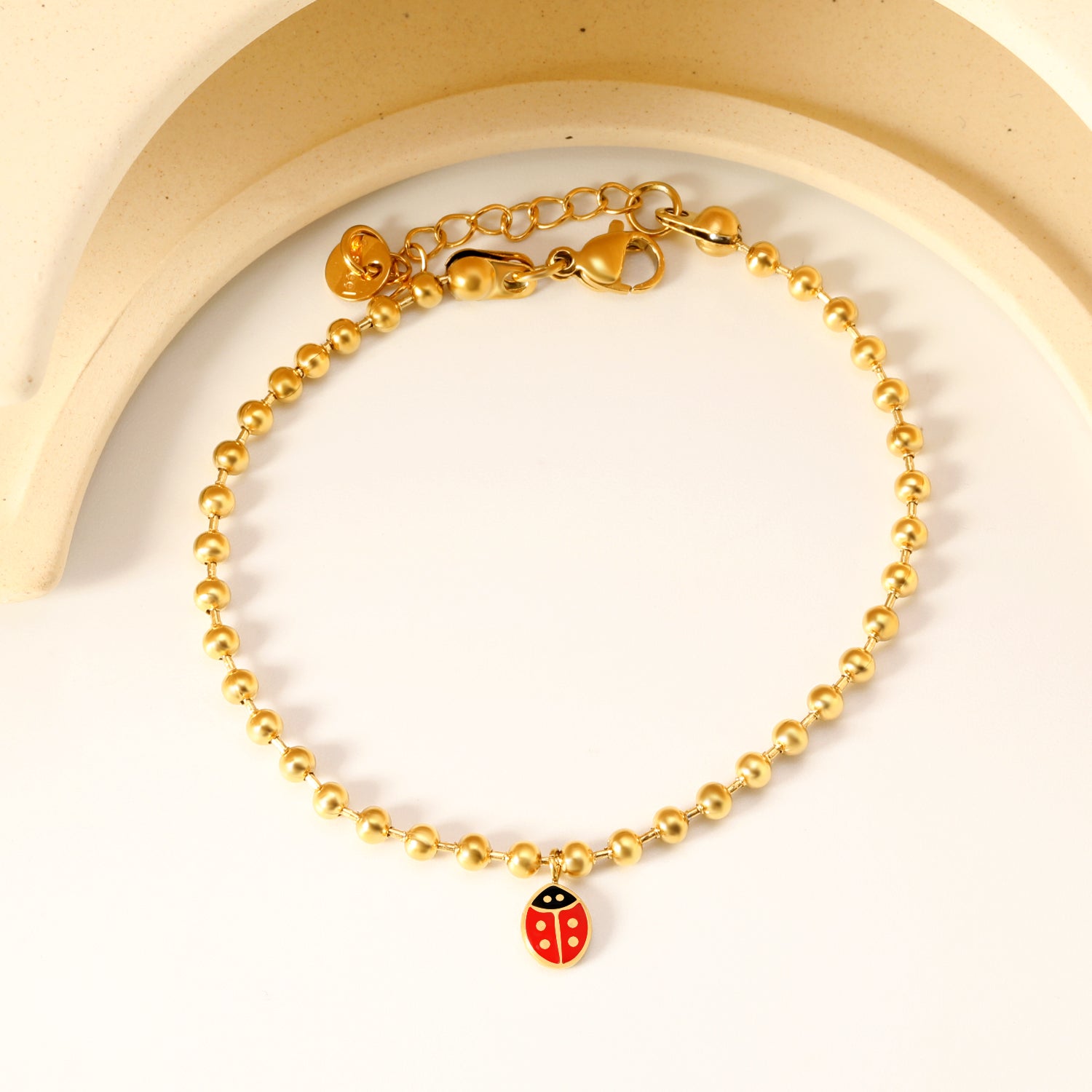 6*7.6mm Ladybird Accessories 3.0 Bead Chain*18+3cm+6mm Round Plaque Bracelet Golden asonjewelry