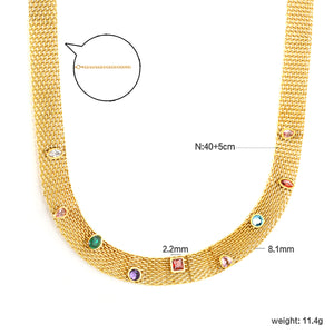 Mesh Chain with Nine Mixed-Color Diamonds (Approx. 4 x 4.1mm) Width 8.1mm x Thickness 1mm + Mesh Chain 40 + 5cm + 6mm Round Pendant Necklace Gold Color