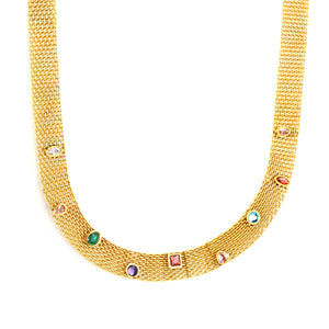 Mesh Chain with Nine Mixed-Color Diamonds (Approx. 4 x 4.1mm) Width 8.1mm x Thickness 1mm + Mesh Chain 40 + 5cm + 6mm Round Pendant Necklace Gold Color