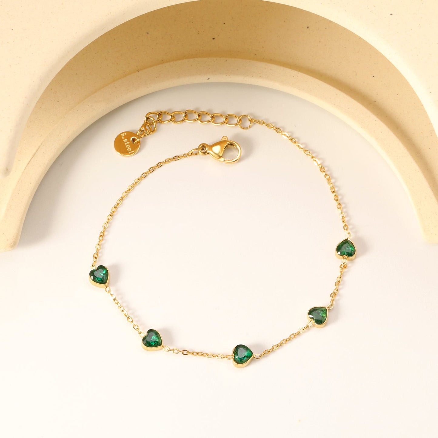 5mm heart shaped emerald zirconium accessories 0.3 cross chain *17+3cm+6mm round plaque bracelet gold color asonjewelry