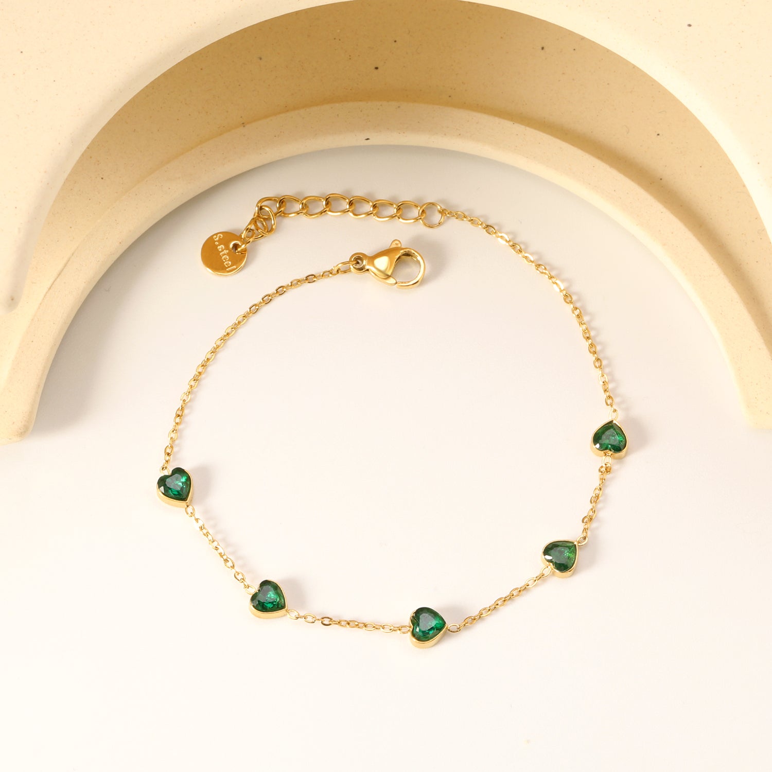 5mm heart shaped emerald zirconium accessories 0.3 cross chain *17+3cm+6mm round plaque bracelet gold color asonjewelry