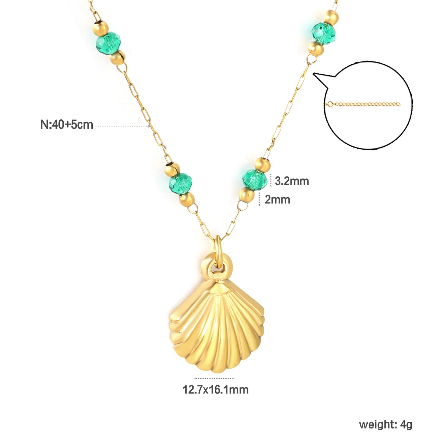 12.7*16.1mm Shell Pendant Green Beads 3.2mm+Golden Beads 2mm+0.3 Elongated Chain 40+5cm+6mm Round Plaque Necklace Gold Color asonjewelry