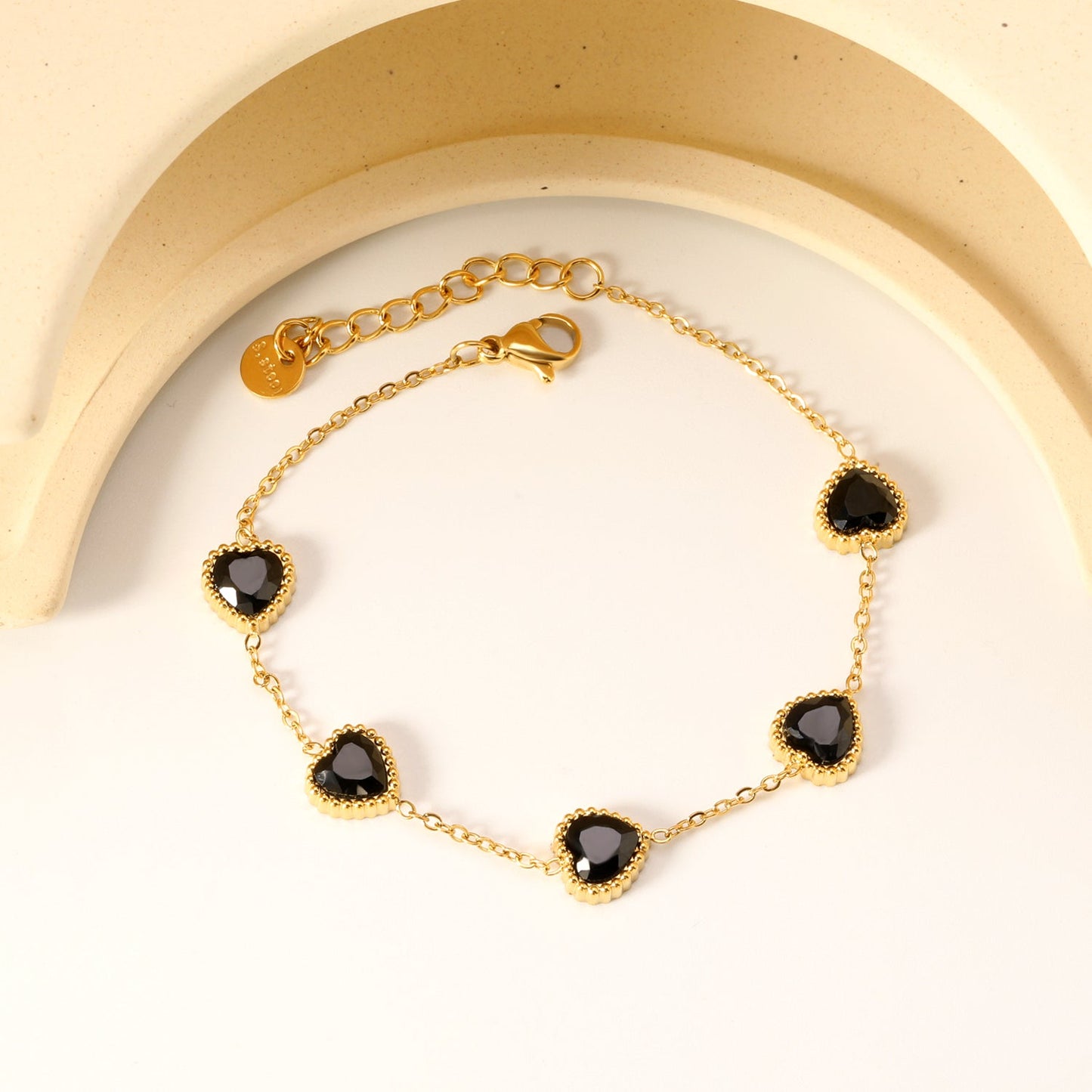 8.6mm Heart with White Crystal/Black Crystal/Red Zirconium Fittings 0.35 Cross Chain*17+3cm+6mm Round Plaque Bracelet Gold Color asonjewelry