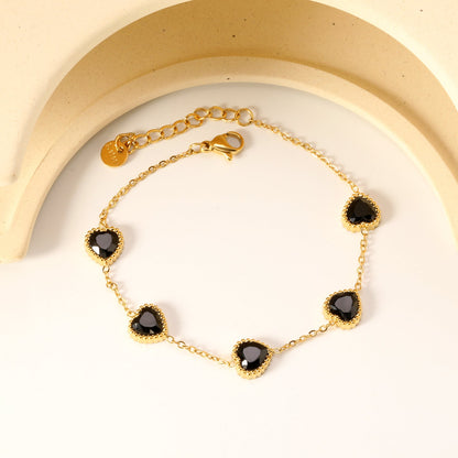 8.6mm Heart with White Crystal/Black Crystal/Red Zirconium Fittings 0.35 Cross Chain*17+3cm+6mm Round Plaque Bracelet Gold Color asonjewelry