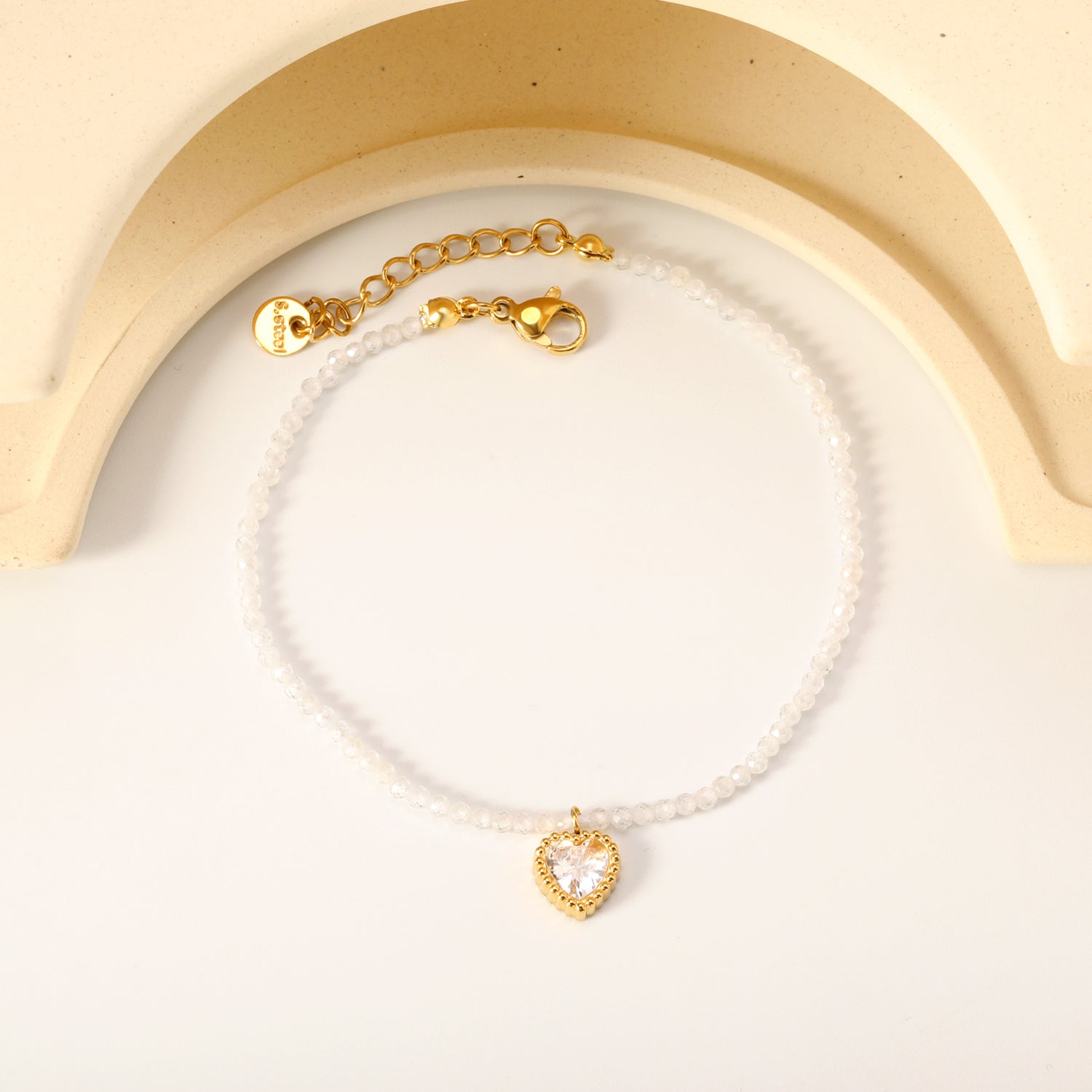 8.5*8.6mm Bead Edge Heart Shape Sticky White/Black/Purple/Red/Pink Zirconia Accessories 2mm White Beads*18+3cm+6mm Round Plaque Bracelet Golden asonjewelry