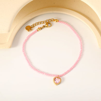 8.5*8.6mm Bead Edge Heart Shape Sticky White/Black/Purple/Red/Pink Zirconia Accessories 2mm White Beads*18+3cm+6mm Round Plaque Bracelet Golden asonjewelry