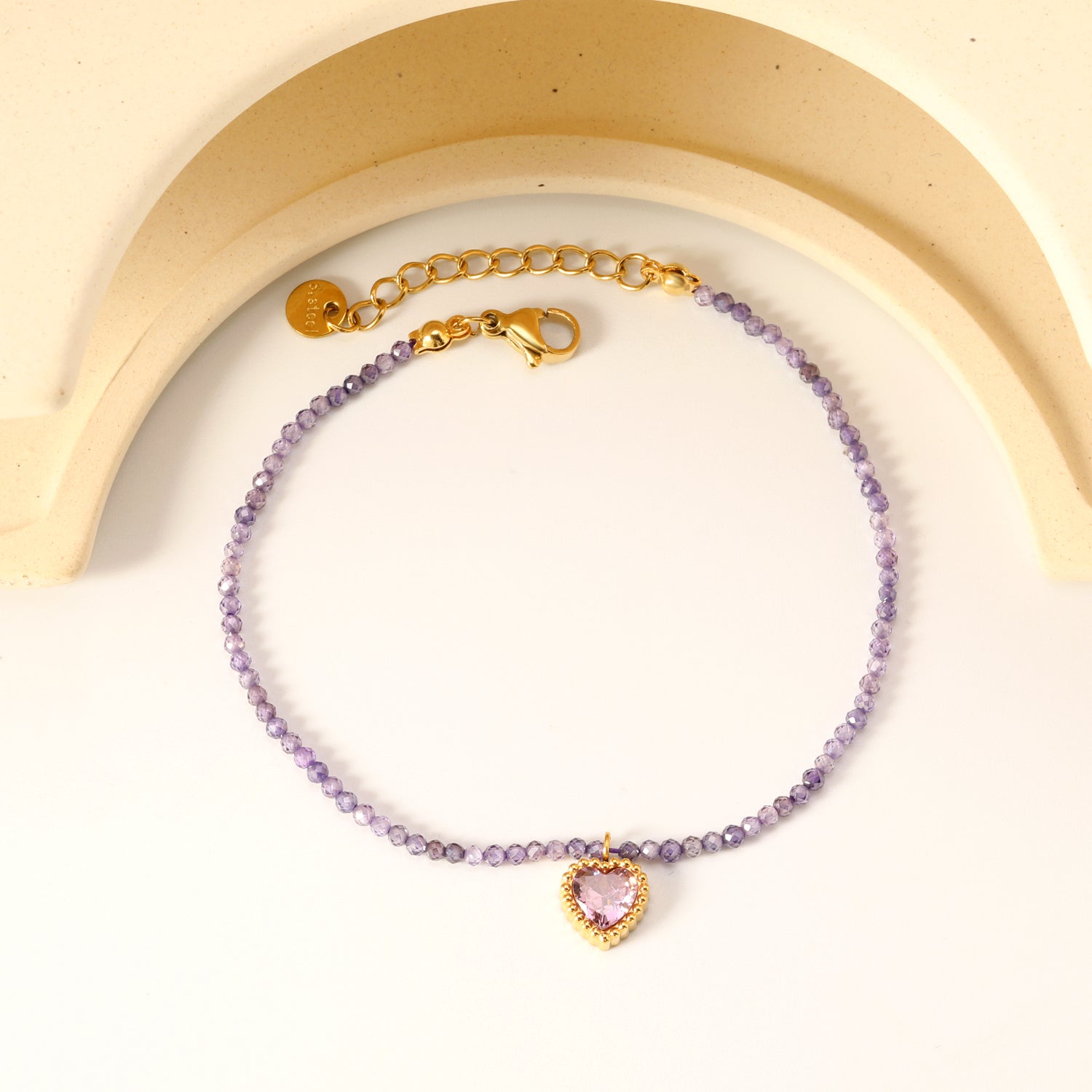 8.5*8.6mm Bead Edge Heart Shape Sticky White/Black/Purple/Red/Pink Zirconia Accessories 2mm White Beads*18+3cm+6mm Round Plaque Bracelet Golden asonjewelry