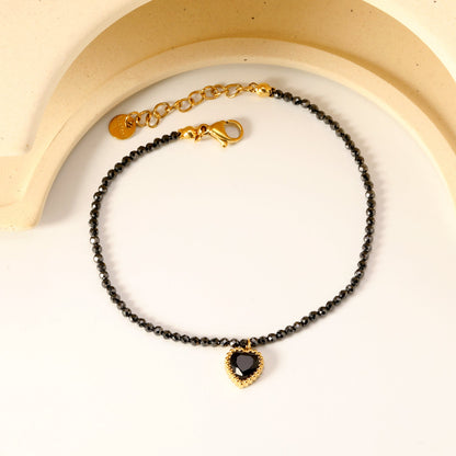 8.5*8.6mm Bead Edge Heart Shape Sticky White/Black/Purple/Red/Pink Zirconia Accessories 2mm White Beads*18+3cm+6mm Round Plaque Bracelet Golden asonjewelry