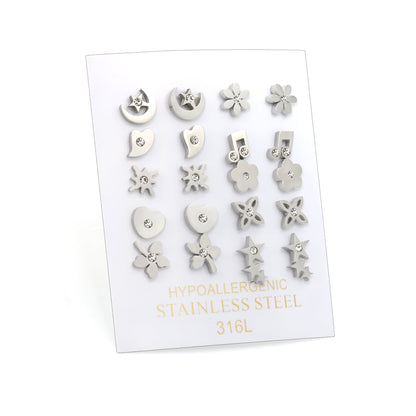 10 Pairs Mixed Cut Diamond Stud Earrings Steel Color asonjewelry