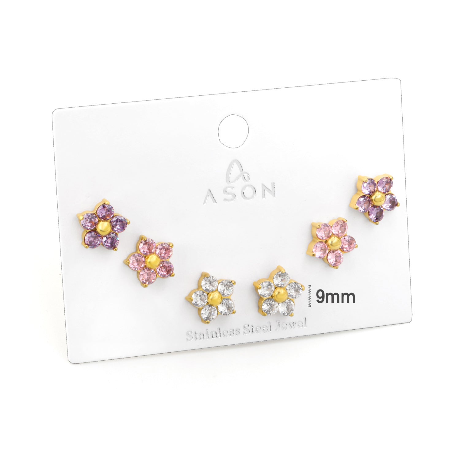 3 Pairs Mixed Color Zirconia Five Petal Flower Stud Earrings 9mm Goldtone asonjewelry