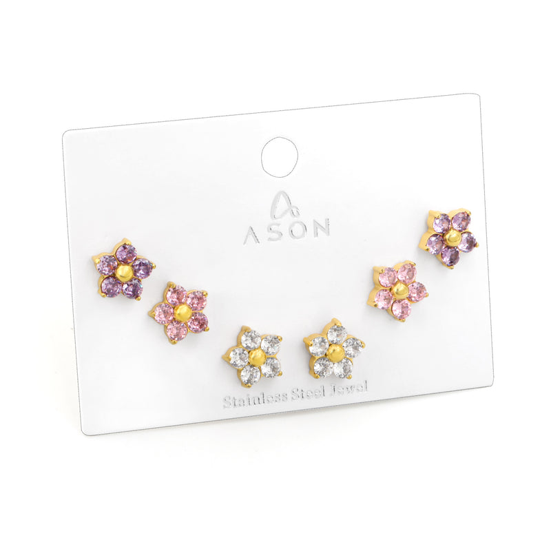 3 Pairs Mixed Color Zirconia Five Petal Flower Stud Earrings 9mm Goldtone