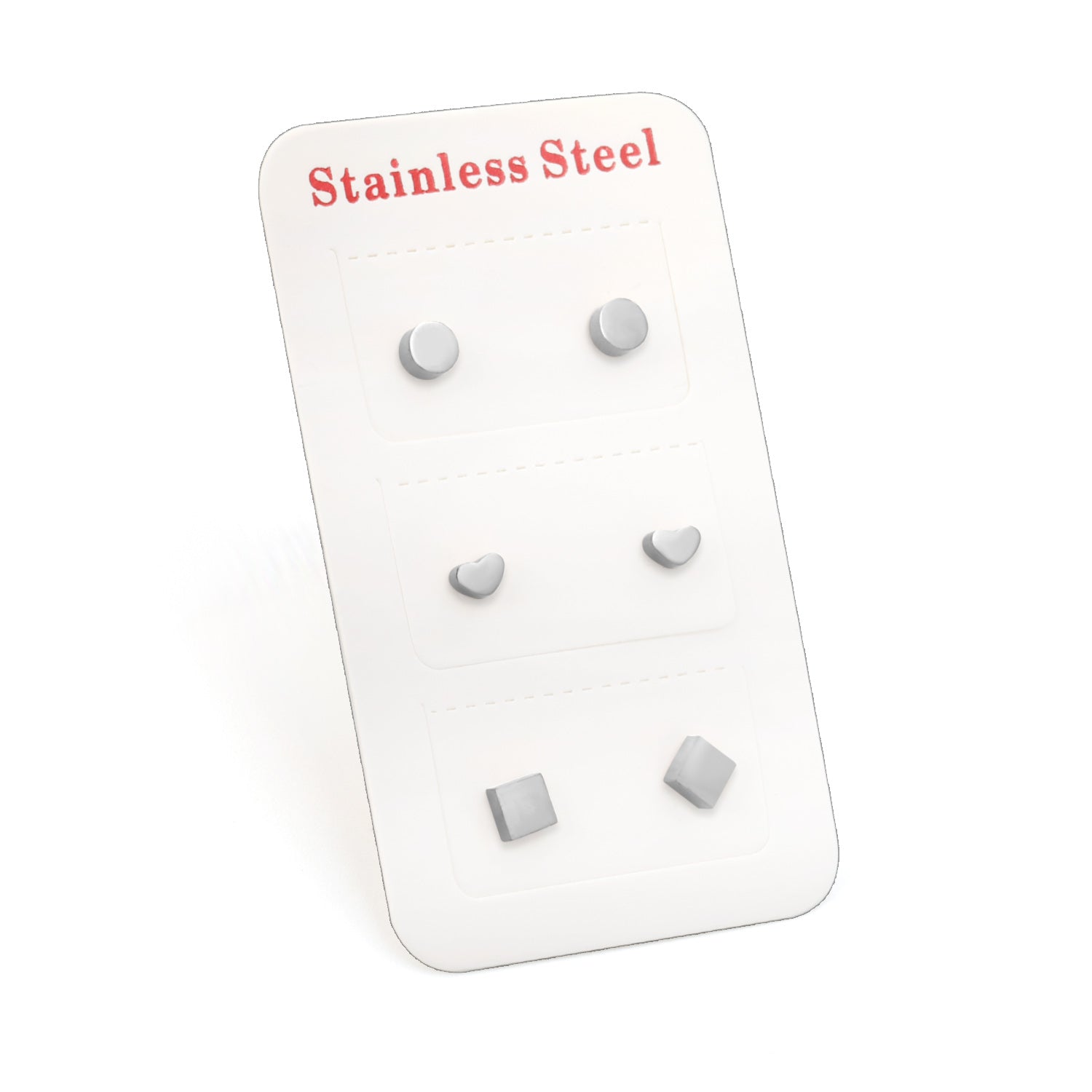 3 Pairs Mixed Cut Stud Earrings (Round 4mm, Heart 4*3mm, Square 4mm) Steel Color/Golden Color asonjewelry