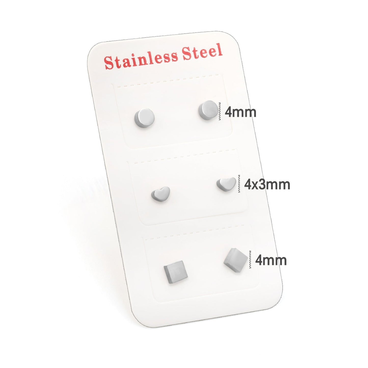 3 Pairs Mixed Cut Stud Earrings (Round 4mm, Heart 4*3mm, Square 4mm) Steel Color/Golden Color asonjewelry