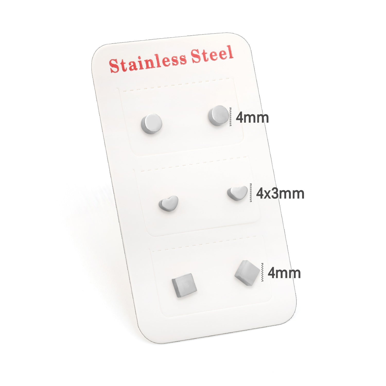 3 Pairs Mixed Cut Stud Earrings (Round 4mm, Heart 4*3mm, Square 4mm) Steel Color/Golden Color asonjewelry