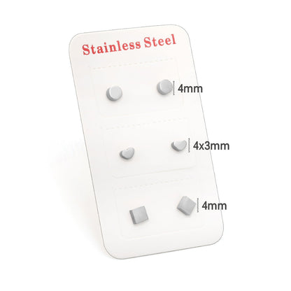 3 Pairs Mixed Cut Stud Earrings (Round 4mm, Heart 4*3mm, Square 4mm) Steel Color/Golden Color asonjewelry
