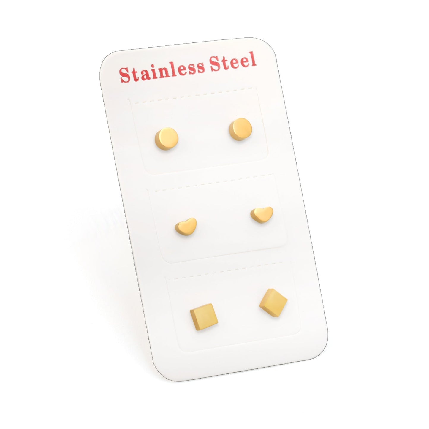 3 Pairs Mixed Cut Stud Earrings (Round 4mm, Heart 4*3mm, Square 4mm) Steel Color/Golden Color asonjewelry