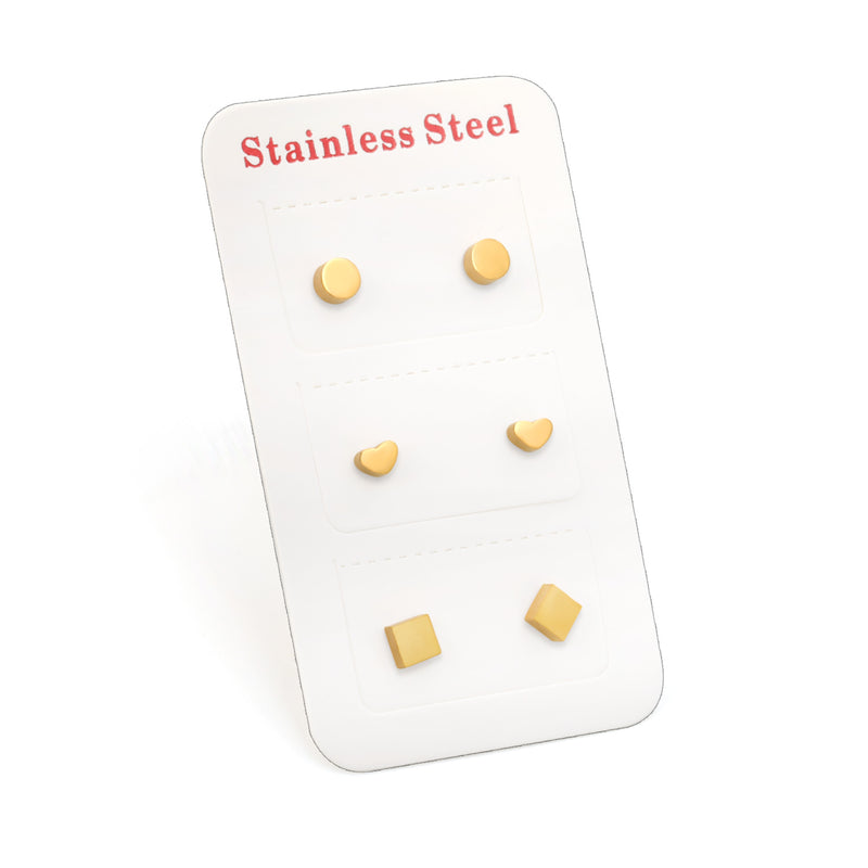3 Pairs Mixed Cut Stud Earrings (Round 4mm, Heart 4*3mm, Square 4mm) Steel Color/Golden Color