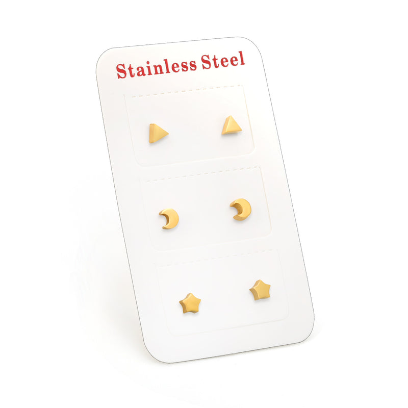 3 Pairs Mixed Cut Stud Earrings (Triangle 4mm, Moon 3.5*4mm, Star 4mm) Steel/Gold/Rose Gold